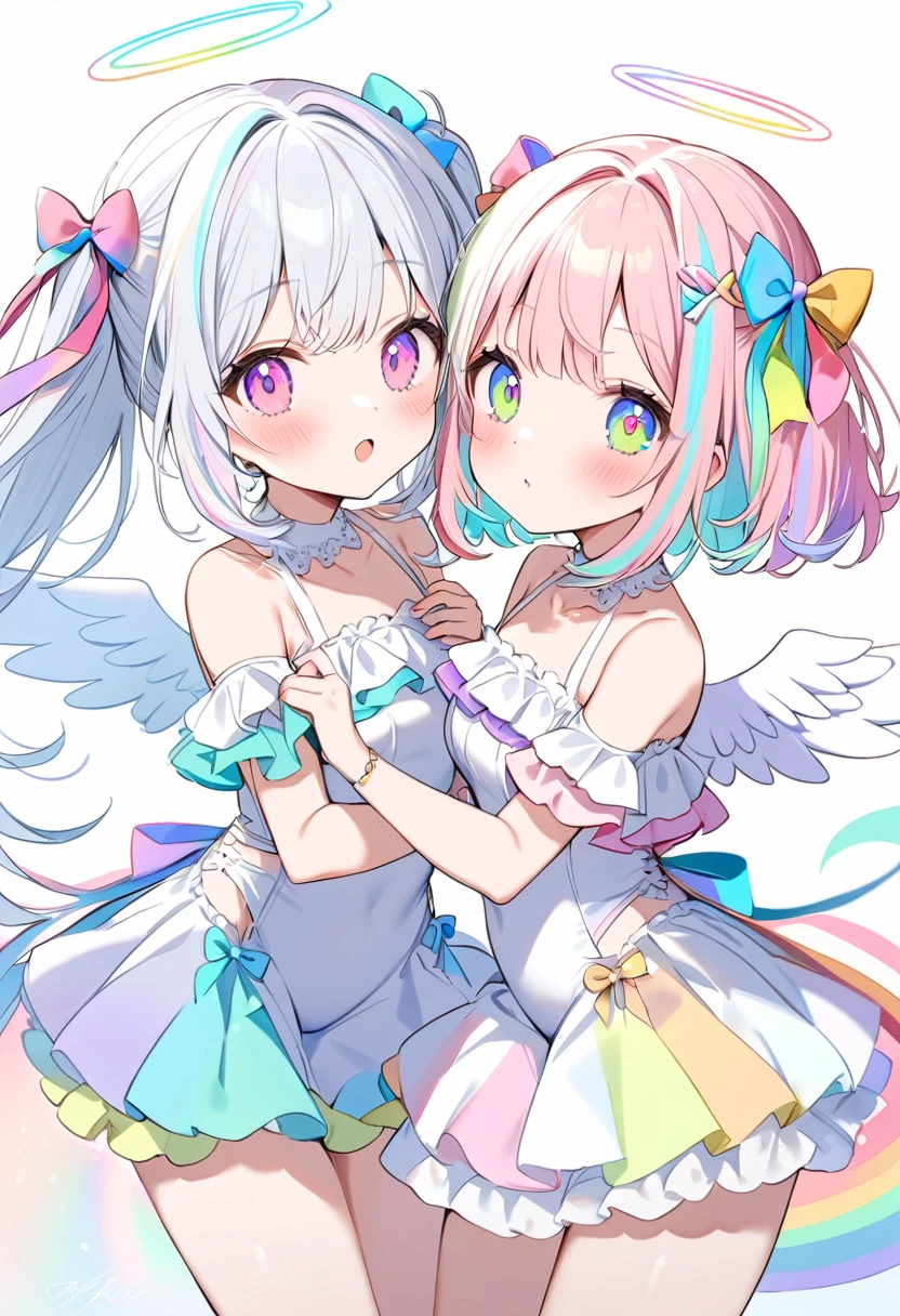 2girls,white hair, pastel rainbow colors hair, half twin,half twin tail, rainbow colors eyes, rainbow colors ribbon, pastel rainbow colors angel rings, white and rainbow colors one-piece,white andpastel rainbow colors angel wings cute white background 