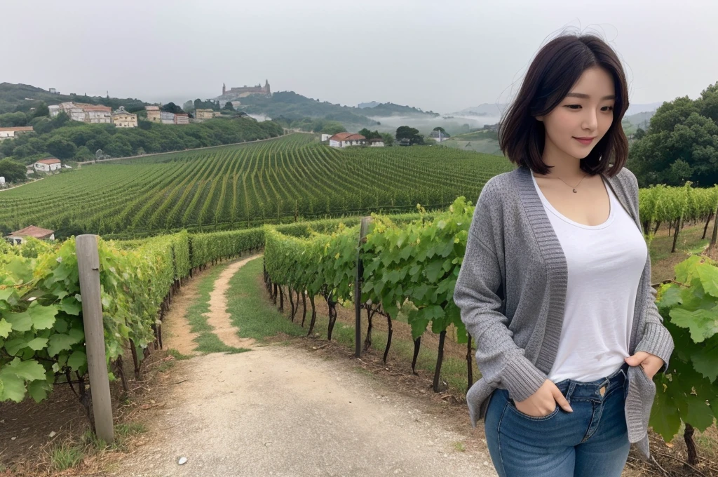 8k best picture quality, Beautiful 36-year-old Korean woman, short and nice weather. Chest size 34 inches, Dense fog at dawn in the Italian countryside, past the vineyard, The cathedral can be seen in the fog on a hill in the distance., The back background is realistic and vivid image quality, Short and medium hair blowing in the wind, Wear comfortable travel clothes, Casual pants and cardigan., a faint smile. the background is clear, Short and slim Korean woman, stand far away, Photo taken with a wide-angle lens