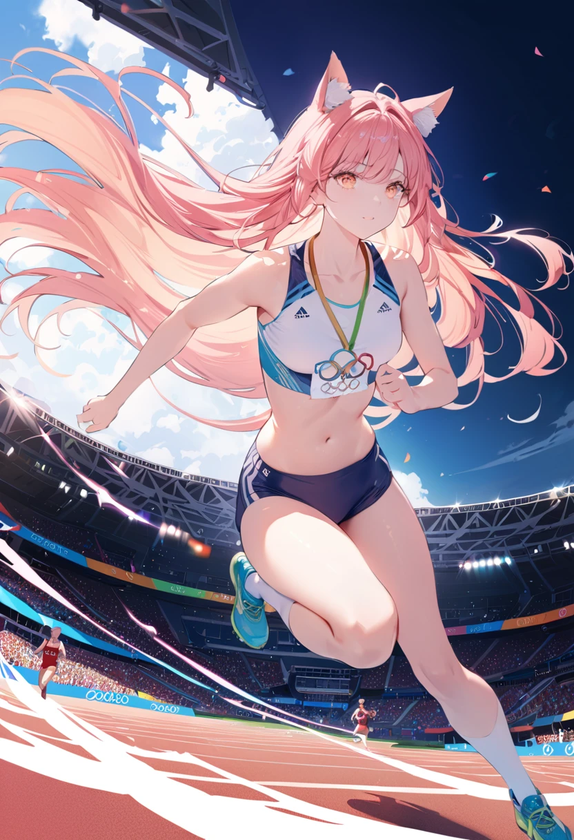 athlete,Olympic Games,Girl running,a beautiful girl with long flowing hair, a triumphant expression, long lashes, large round eyes, animal ear headpiece, high quality, 8K, realistic, photorealistic, detailed, masterpiece, cinematic lighting, dynamic composition, vivid colors, glowing skin, warm color palette