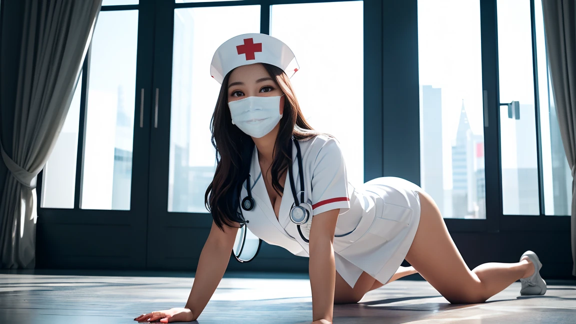 Photorealistic beautiful doctor、stunningly beautiful、nurse、(top-quality、8K、32K、​masterpiece、nffsw:1.3)、超A high resolution,(Photorealsitic:1.4),Raw photography, Detailed face,,Beautiful Long hair, ((Doctor Style)), , tight skirts、 Natural makeup, wearing a white hijab, Breast cleavage, Medium full breasts、sexy masquerade mask, Detailed background, Perfect Lighting, depth of fields, nurse hat,stethoscope , (((fullbody))), whole body capture, fullbody, legs wide open, open legs, eyes on camera, details eyes, beautiful eyes, on all fours doggy style getting penetrated