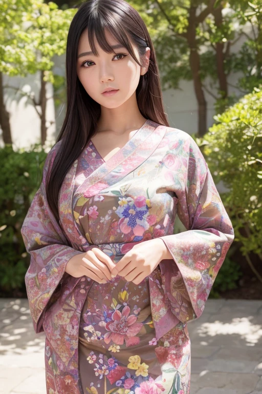 a beautiful japanese female fashion model, standing pose, realistic style, detailed facial features, beautiful eyes, detailed lips, long eyelashes, natural skin tone, medium length dark hair, wearing a summer dress, colorful floral pattern, flowing fabric, outdoor setting, sunlight, warm color tone, high quality, photorealistic, intricate details, cinematic lighting