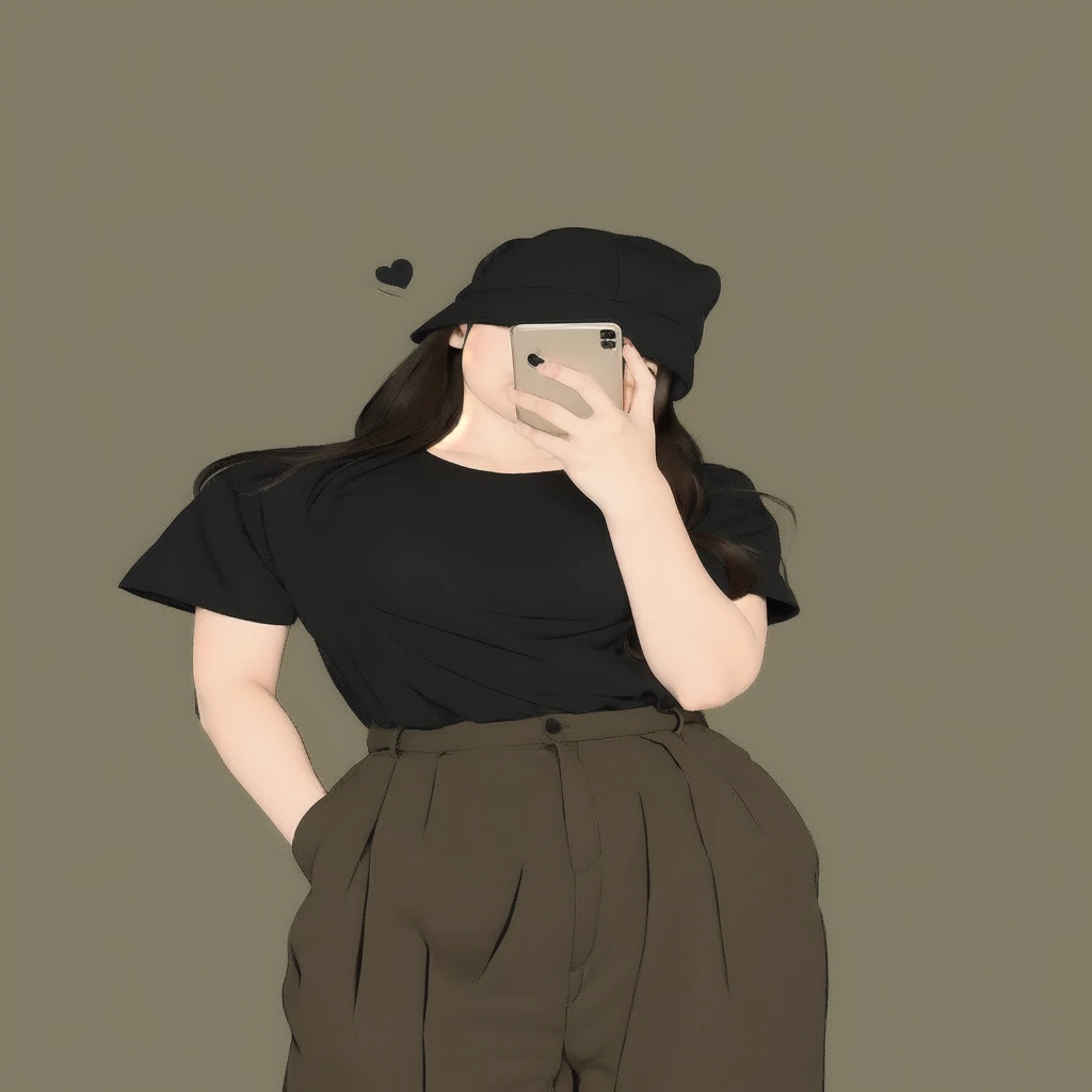 A woman in a black shirt and brown pants holding a cell phone