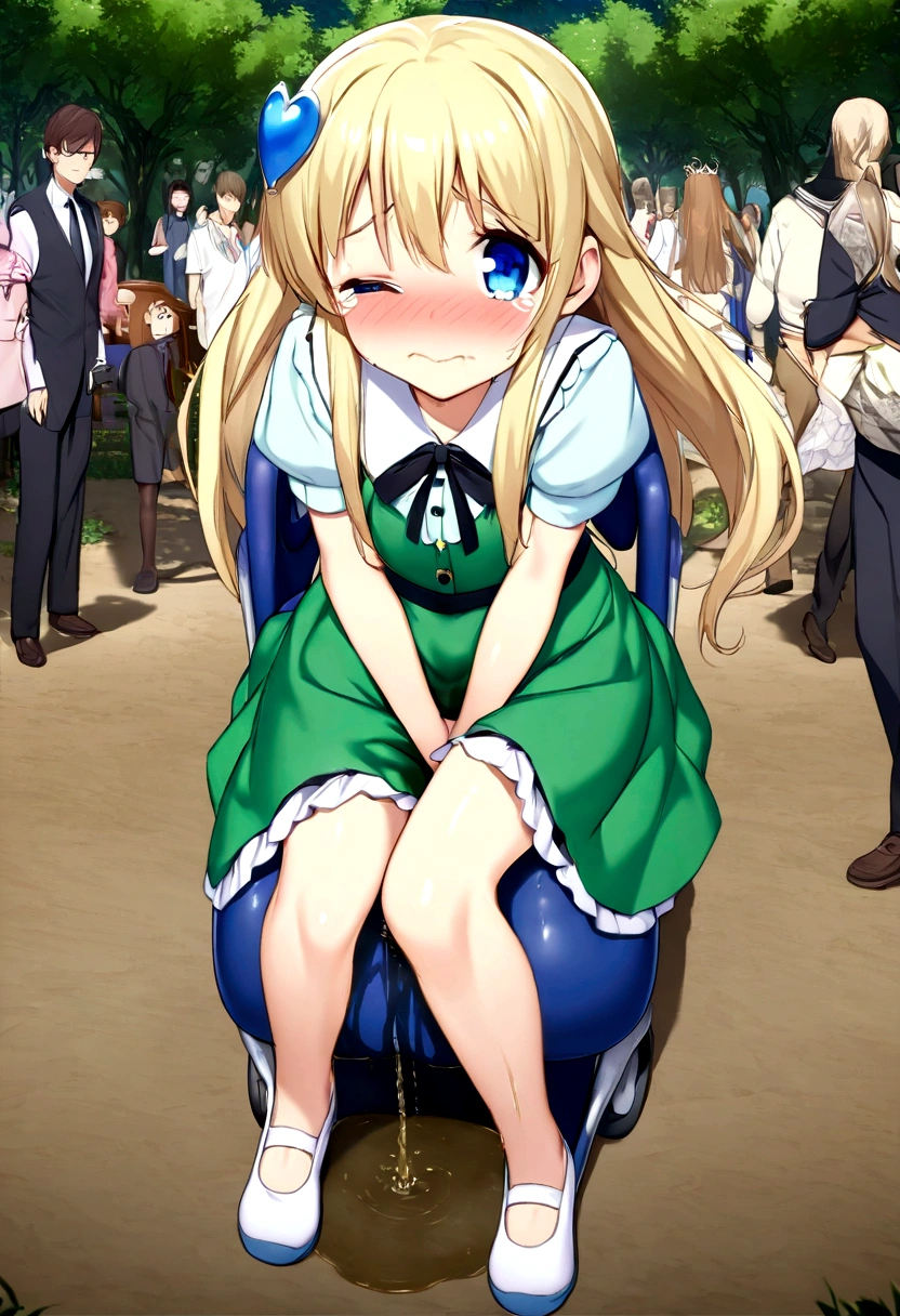 Anime. 1 girl. Baby. Princess. Blonde. Long hair. Blue eyes. Beautiful eyes. Perfect eyes. Expressive eyes. Eyes covered with a faded film. Blind eyes. Blind. Ideal face. Ideal anatomical body. Beautiful long legs. Beautiful body. Beautiful nose. ************. Embarrassment. Blush. Beautiful character design. Shiny skin. Light white dress. Shoes. Hair decorations. Disabled person. Paralytic. Sitting. Wheelchair. Hands on crotch. Urinary incontinence. Wants to pee. She needs to pee. She has a strong, desperate urge to pee. He squeezes his crotch tightly. Rubs copper. Slight lean forward. She peed herself. Fantasy city. A park. Date. He takes off his wet panties. Tears in my eyes. Cry. Snot flows from the nose. Full body. nsfw. Official art. Extremely detailed CG Unity 8k wallpaper. Ideal lighting. Ultra high resolution 4K. Super detailed 8K. A high resolution.