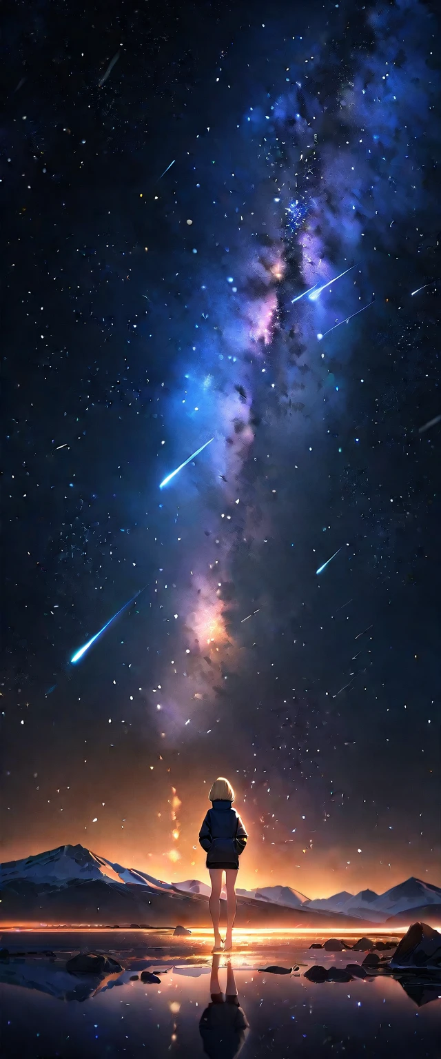 (((A meteor shower dancing in the night sky, countless stars twinkling in the clear air, a beautiful starry sky, the Milky Way shining beautifully in the night))), high collar, hands in pockets, looking up, mountain, wide shot, back shot, a girl, bob cut, bare legs, bare foot, blond hair, (best quality, 4K, 8K, highres, masterpiece:1.2, ultra-detailed, HDR, uhd, studio lighting, ultra-fine painting, sharp focus, physically-based rendering, extreme detail description, professional, vivid colors, bokeh)