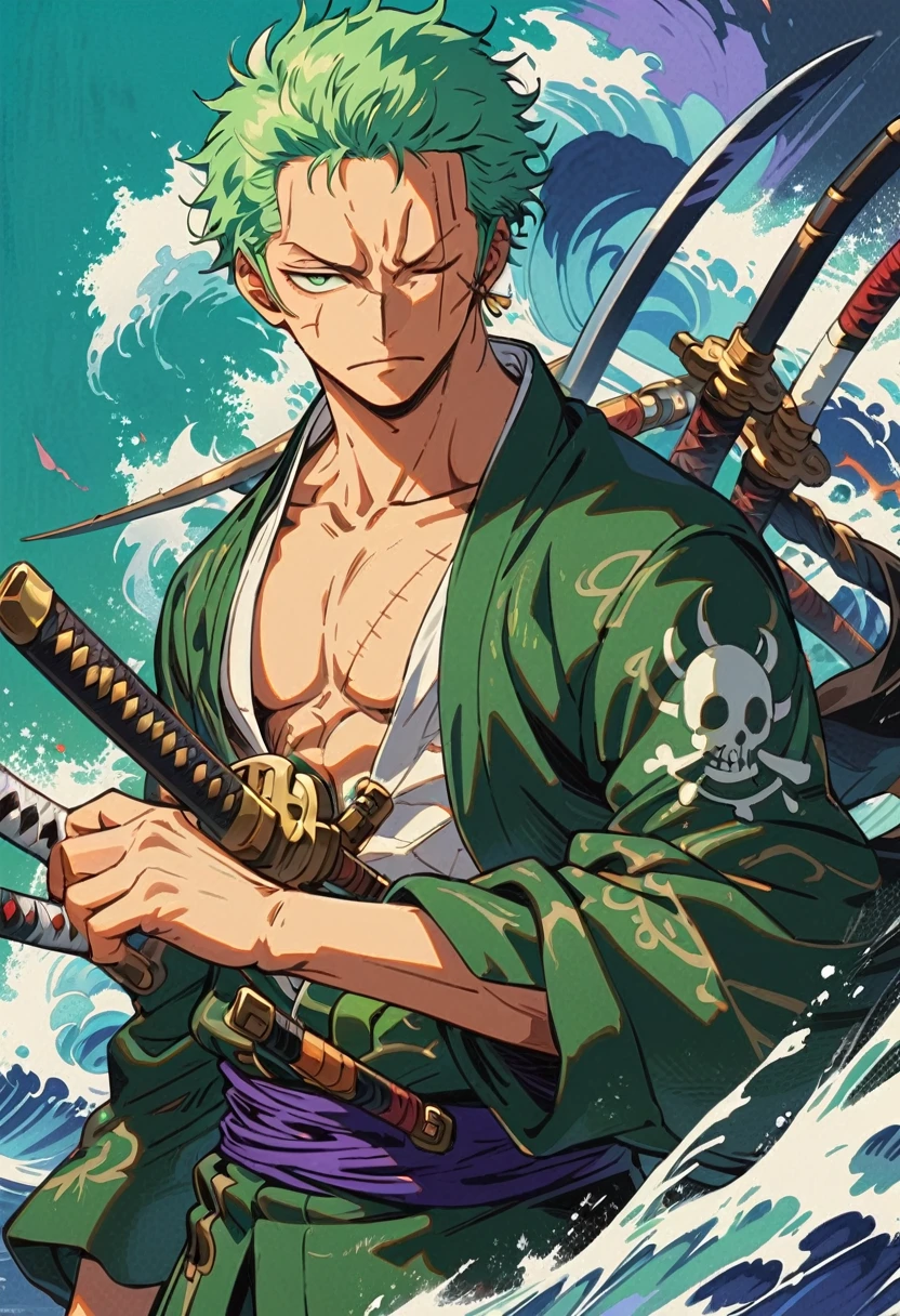 Zoro DO ANIME "(ONE PEACE",) standing alone, Looking at Viewer, short hair, long sleeves, GREEN PIRATE suit jacket, upperbody, missiles, male focus, Japanese clothing, green haired, wHater, WAVES, from sideways, scar on left eye, scabbard, scar on the face, Emscabbarddos, illustration，green artistic background，whole body，holding a sword in both hands，profile，view at viewer, green eyes, high detailed wallpaper, high quality, masterpiece