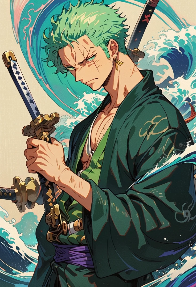 Zoro DO ANIME "(ONE PEACE",) standing alone, Looking at Viewer, short hair, long sleeves, GREEN PIRATE suit jacket, upperbody, missiles, male focus, Japanese clothing, green haired, wHater, WAVES, from sideways, scar on left eye, scabbard, scar on the face, Emscabbarddos, illustration，green artistic background，whole body，holding a sword in both hands，profile，view at viewer, green eyes, high detailed wallpaper, high quality, masterpiece