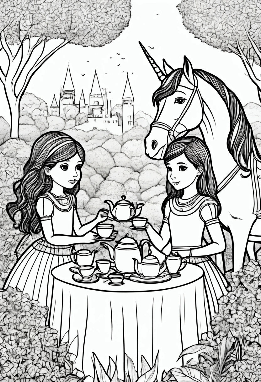 (A black and white coloring book:1.5), A princess and her unicorn friends having a tea party in a garden, clean line art, white background, colouring page, clean outline