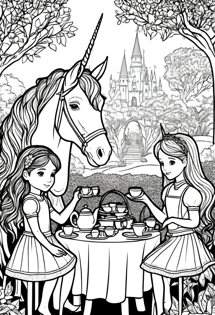 (A black and white coloring book:1.5), A princess and her unicorn friends having a tea party in a garden, clean line art, white background, colouring page, clean outline