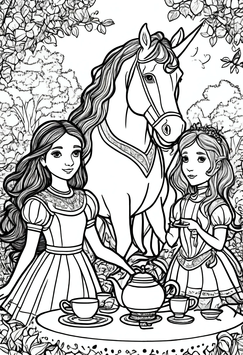 (A black and white coloring book:1.5), A princess and her unicorn friends having a tea party in a garden, clean line art, white background, colouring page, clean outline