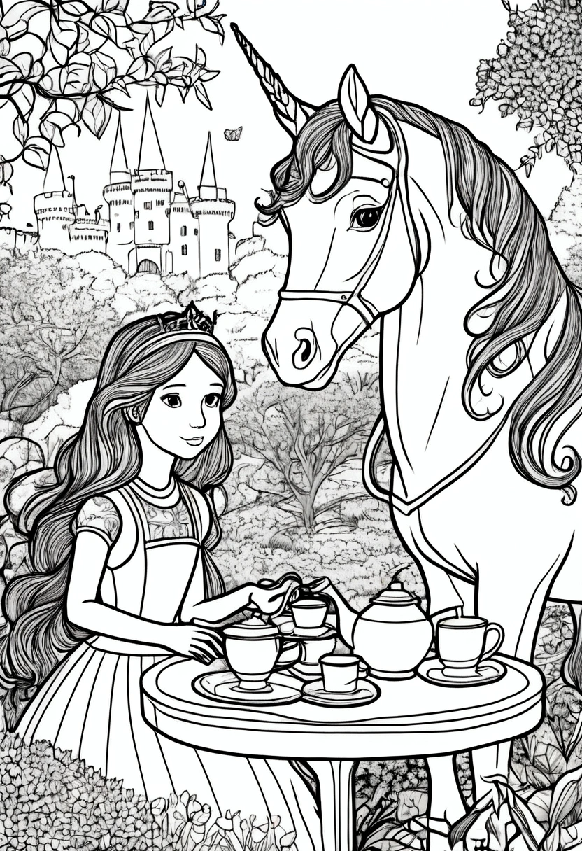 (A black and white coloring book:1.5), A princess and her unicorn friends having a tea party in a garden, clean line art, white background, colouring page, clean outline