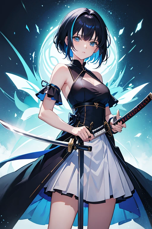 Anime girl holding sword katana blue dress holding a sword, anime, short black hair with neon highlights, hair is above shoulder height smooth beautiful