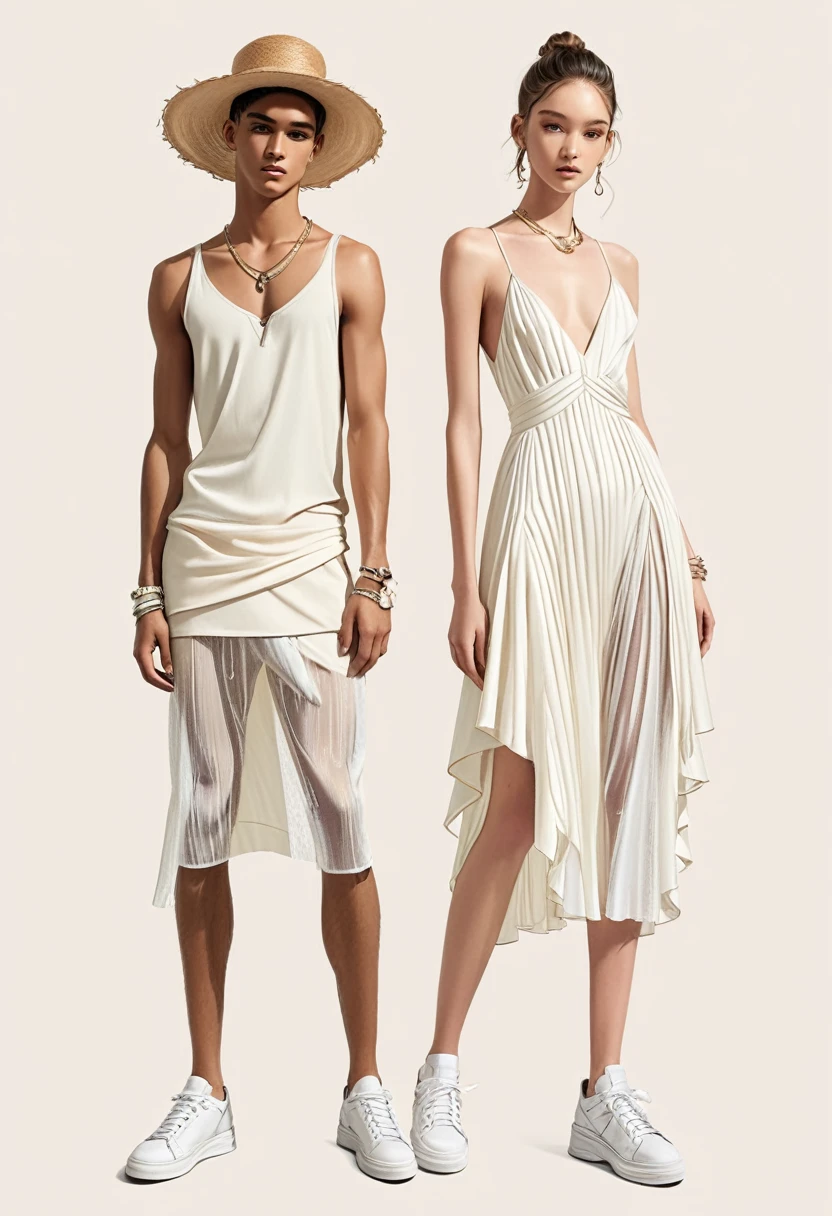 candid fashion illustration of young Mixed race man and woman, both aged 22 year old, skinny and lean, pale skin tone, ((showcase fashion look book in a off-White outfits)), inspired by Christian Dior's resort collection in elegant young bohemian style. The man wears wearing only white sheer wet G string, standing spread apart give a nice view of his thick bulge cock line, He completes his look with white sneakers, round sunglasses and bracelet. The woman complements him in a Long plissé dress in jersey with a deep V-neckline and narrow shoulder straps that cross at the back. Deep opening at the back, a concealed zip at one side and gathered tiers on the skirt for added volume, Her ensemble includes an accessorizes with a straw hat, white sneakers, Captured in a dynamic angle, ((full-body image)), ((pastel color background)), sketching, realistic pencil lines, imperfect drawing, fading sketch, fashion look book, fashion illustrator, sketch design,