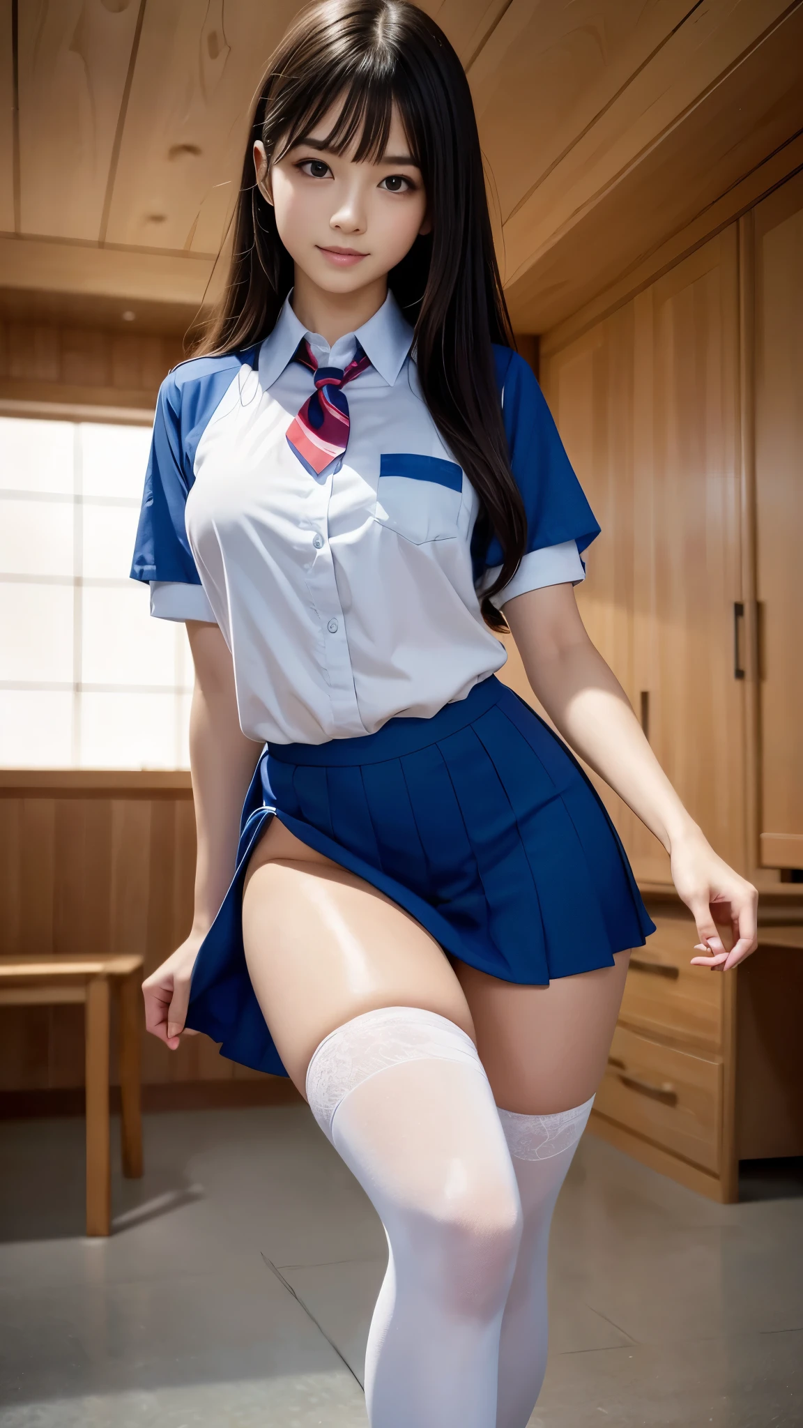 (8K, Highest quality, masterpiece:1.2, RAW Photos), One girl, (Cute school girl, Idol, beautiful girl, Baby Face:1.3), (Knee socks:1.2, Skin Dentition:1.5), (Small beautiful butt:1.2, Thin thighs:1.2, Tight waist), Delicate skin, (night, (Dark Room)), Beautiful Bangs, nice, (Clothing and uniforms:1.3), (Attractive breasts:1.2), (Mouth closed:1.2, Beautiful Eyes, Fine grain, Detailed Iris, Beautiful Lips, Beautiful Nose, Beautiful Face), (primary color:1.5), (Beautiful sparkling eyes:1.3), (Detailed eyes and face:1.3, Professional photography techniques), (Detailed hands:1.2), (Gaze at the viewer, blush:1.2, Meaningful smile), (Perfect Anatomy:1.3), (Photorealism:1.3), (Sexy underwear is visible:1.2)