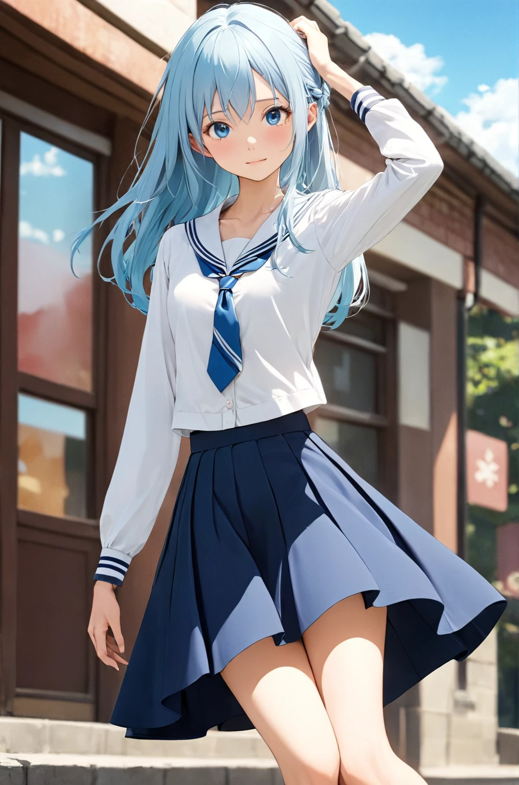 Highest quality, Highest quality, 16K, Unbelievably absurd, Very detailed, 2.5D, delicate and dynamic, blue sky, Small face, Very delicate facial expressions, Delicate eye depiction, Upper body close-up, Only sexy women, Healthy body shape, 15-year-old female,high school girl, Height: 164cm, Light blue long hair, Sexy long legs, Blue long skirt,