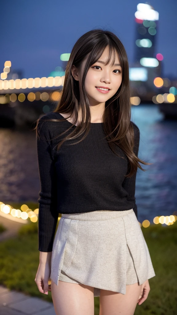 one slender girl、(looking at the viewer)、(Bokeh:1.1)、parted lips、No expression、realistic、tights、skirt、skyline、realistic、アップskirt、skirtリフト、highest quality、masterpiece:1.3、超A high resolution、Angle of view from below:1.25 、panties close up:1.35、A look of embarrassed laughter、The background is a night view、(look viewer:1.3)、(beautiful face:1.2)