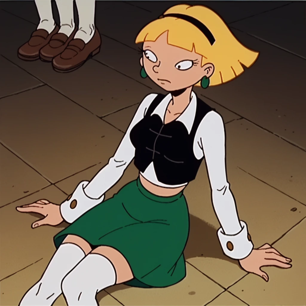 score_9_up,score_8_up,score_7_up,score_6_up,score_5_up,score_4_up BREAK olga pataki,1girl, solo, blonde hair, short hair, black hairband, hoop earrings, strapless, cleavage, a short black dress, black skin tight dress, bangs, human skin, blunt bangs,((( 5 toes, black toes nails, tied ankles together , tied arms , Focus full body, with no shoes, sit on a chair))), looking at viewer, outdoors, movie style