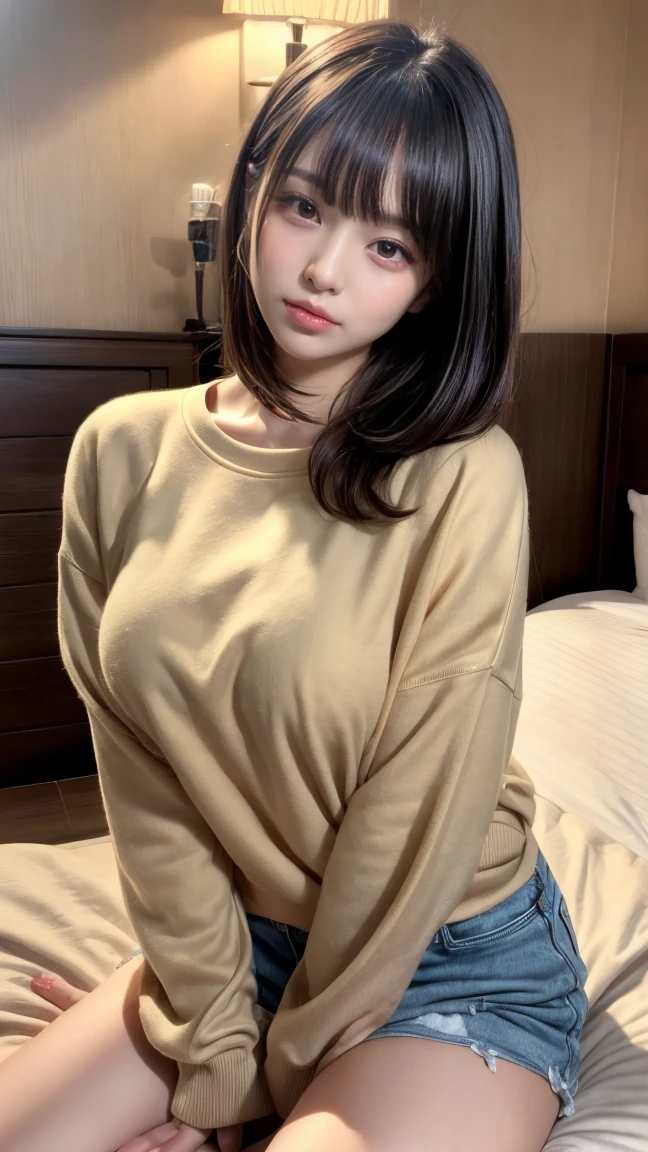 masterpiece, best quality, illustration, Super detailed, fine details, High resolution, 8K,wall paper, perfect dynamic composition,(Details High quality, realistic depiction of eyes:1.3), (Fashionable、Beige oversized sweatshirt、long-sleeve), large breasts,short bob hair, black hair color, Big Natural Color Lip, bold sexy pose, crying a little、Harajuku style、20 year old girl、cute type、****ta、beautiful legs, hotel room, hposing Gravure Idol, (woman on top, straddling, sitting)