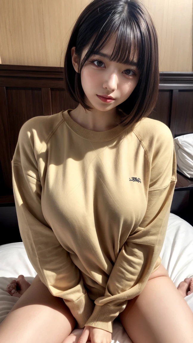 masterpiece, best quality, illustration, Super detailed, fine details, High resolution, 8K,wall paper, perfect dynamic composition,(Details High quality, realistic depiction of eyes:1.3), (Fashionable、Beige oversized sweatshirt、long-sleeve), large breasts,short bob hair, black hair color, Big Natural Color Lip, bold sexy pose, crying a little、Harajuku style、20 year old girl、cute type、ta、beautiful legs, hotel room, hposing Gravure Idol, (woman on top, straddling, sitting)
