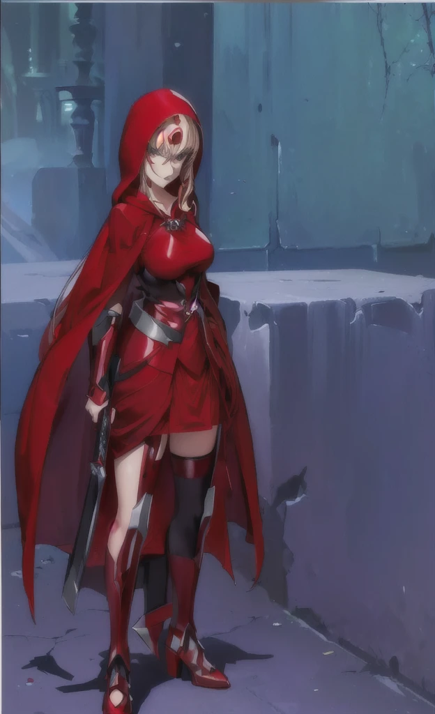 cartoon of a Girl in a red and black outfit with a blade, red demon cloak, villain wearing a assassin suit, red hooded assassin, crimson attire, assassin