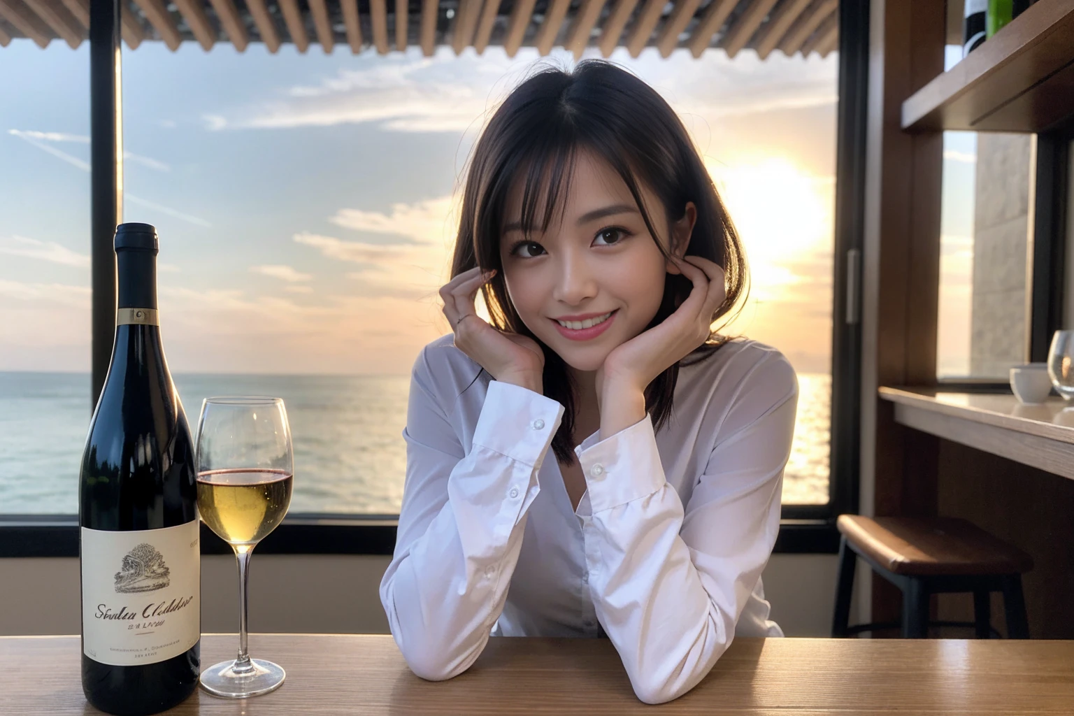 ((Highest quality、、masterpiece:1.3))、1 male、1 female、37 years old 39 years old、Slim Beauty、Beautiful couple、Upper Body、smile、 (Slim face), (the body is スリム), (Brown Hair), (Shortcuts), テーブルのフルコースディナーとwine glass、Amazing view of the sunset sky and clouds、smileの美しさ、Wine bottle、sparkling wine、Long sleeve shirt、dress、White wine, red wine, wine glass, Beautiful fine grain, Depth f/2,saturation, High Contrast, Strong light and shadow,Moist Body:1.5、3D texture、The hair is very shiny、