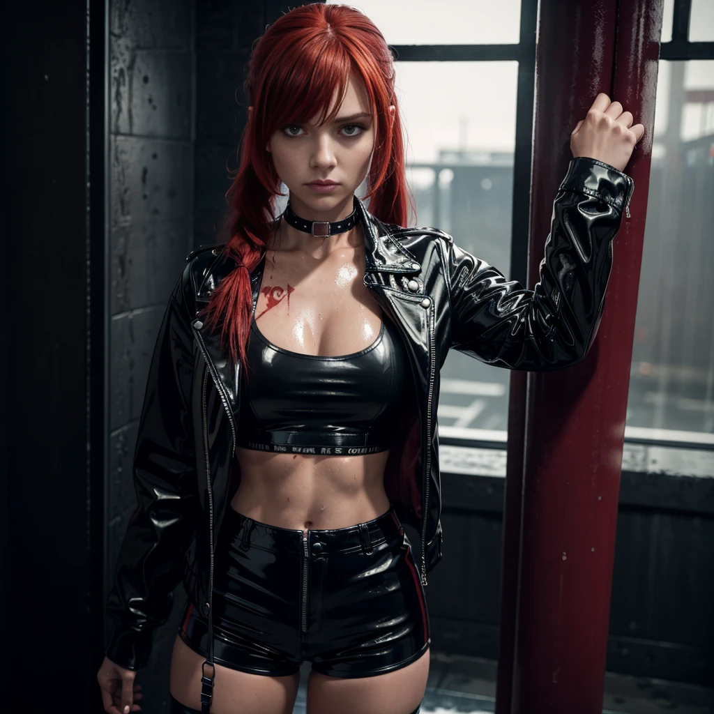 Red-haired girl from Europe (Evil and gloomy)), hairsh (tail, Long bangs), Extra short latex shiny jacket, leather shorts, Latex jacket very short, Choker, Black Short Top, wet clothing,, A lot of blood, a lot of tattoos on the body,There is one girl in the frame, Dark and gloomy atmosphere, Realistic light, Athletic figure, Fighting Mail, Sweat runs down the body, Average Breasts, stands close to the camera, From bottom to top, blood from the mouth, begs him not to kill her, dies in agony