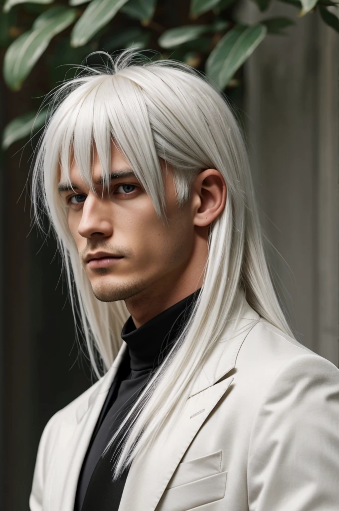 A male with long platinum blonde hair and platinum blonde bangs that has red eyes, he has small black feathered headwings on esch side of his head