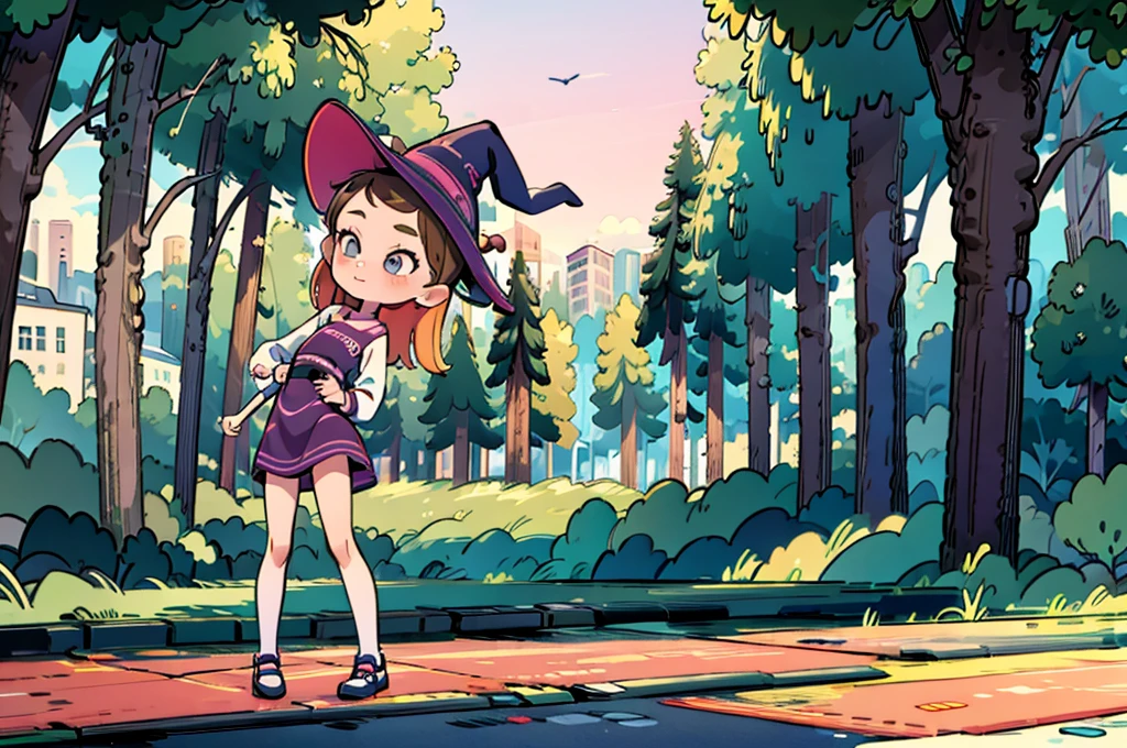 cute witch girl mini dress skirt, witch hat, standing in the park holding skateboard under her left arm