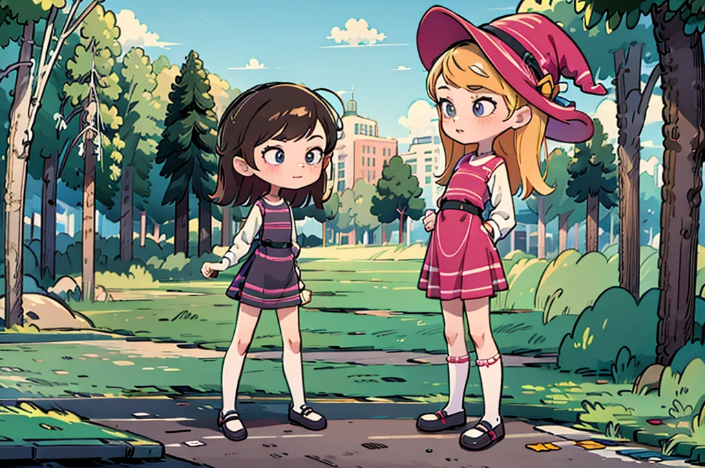 cute witch girl mini dress skirt, witch hat, standing in the park holding skateboard under her left arm