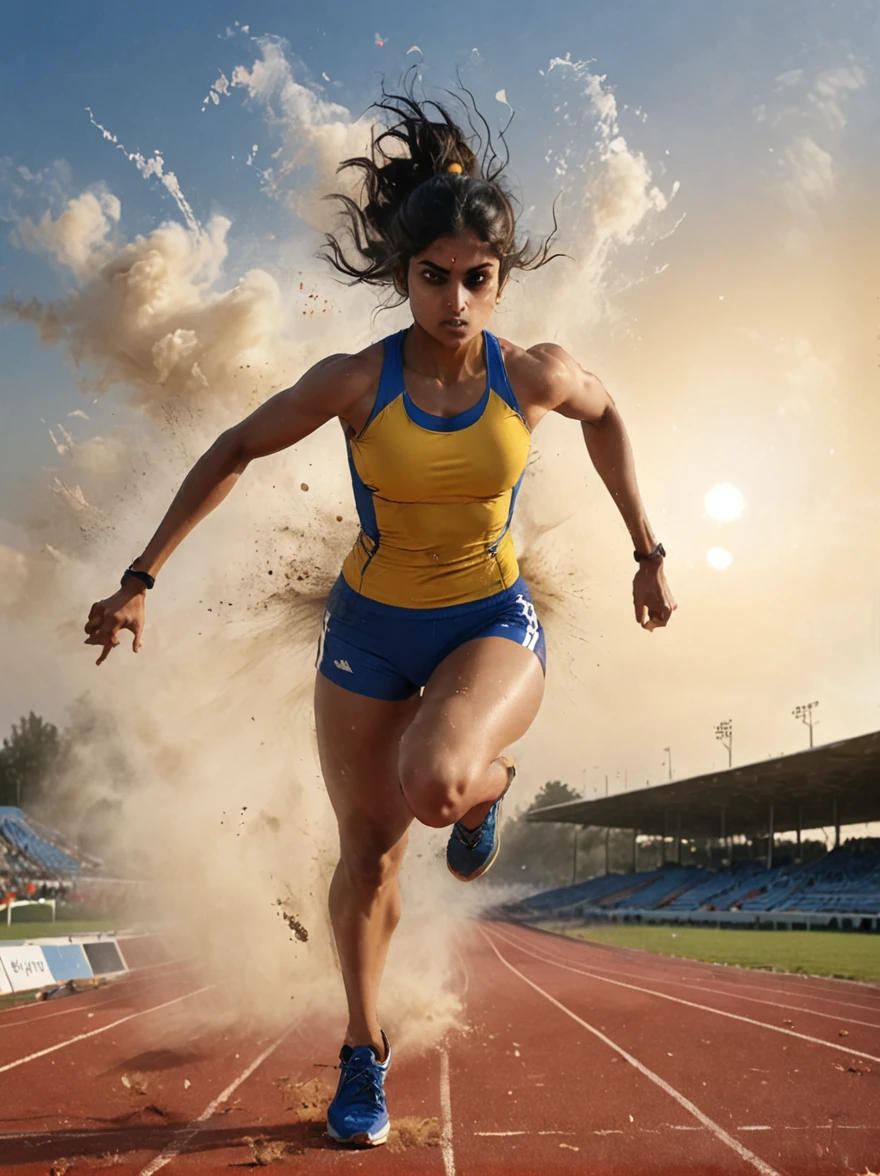 A dynamic scene unfolds on a professional athletics track where an intense competition is in progress. The setting sun in the background casts a warm light on the field, revealing an athlete, a determined South Asian woman in her mid-twenties, intensely focused on the task at hand. With her running shoes kicking up small dust clouds from the track, she is in the process of leaping over a hurdle. The hurdle, a strip of bright aluminum with a bar painted white and black for visibility, stands seemingly insurmountable but not for our athlete. Her muscles are tensioned, her form flawless as she jumps over it, in her royal blue and yellow athletic attire.