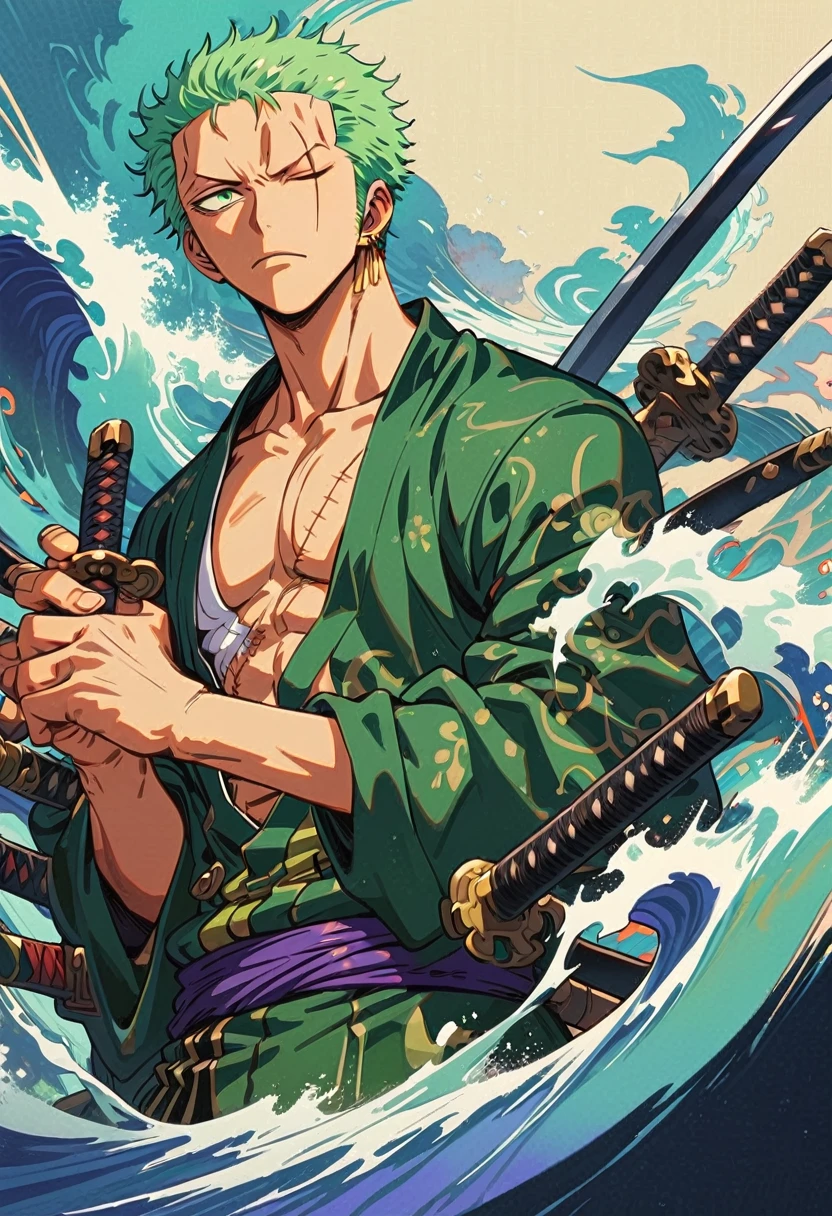 Zoro DO ANIME "(ONE PEACE",) standing alone, Looking at Viewer, short hair, long sleeves, GREEN PIRATE suit jacket, upperbody, missiles, male focus, Japanese clothing, green haired, wHater, WAVES, from sideways, scar on left eye, scabbard, scar on the face, Emscabbarddos, illustration，green artistic background，whole body，holding three sword, swords in both hands (THREE SWORDS ONLY)，profile，view at viewer, green eyes, high detailed wallpaper, high quality, masterpiece