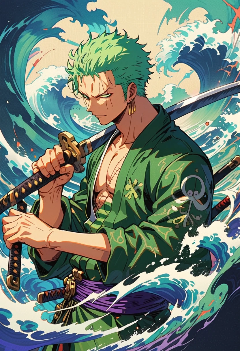 Zoro DO ANIME "(ONE PEACE",) standing alone, Looking at Viewer, short hair, long sleeves, GREEN PIRATE suit jacket, upperbody, missiles, male focus, Japanese clothing, green haired, wHater, WAVES, from sideways, scar on left eye, scabbard, scar on the face, Emscabbarddos, illustration，green artistic background，whole body，holding three sword, swords in both hands (THREE SWORDS ONLY)，profile，view at viewer, green eyes, high detailed wallpaper, high quality, masterpiece