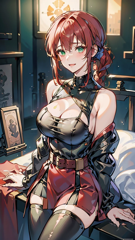 20-year-old girl，Crimson hair，side braid，Smile，Large Breasts，cleavage，Sheer red sleeveless top，Leave space in the middle to reveal cleavage，Soaked all over，Blushing，green eyes，Female spy，Red miniskirt，White gloves，White hand sleeves，White boots，Science fiction，Future，robot driver，There is a pistol on the back belt，No bangs，Wearing earrings only on one side，leather neck brace，There is a belt around the waist，Inside the robot cockpit