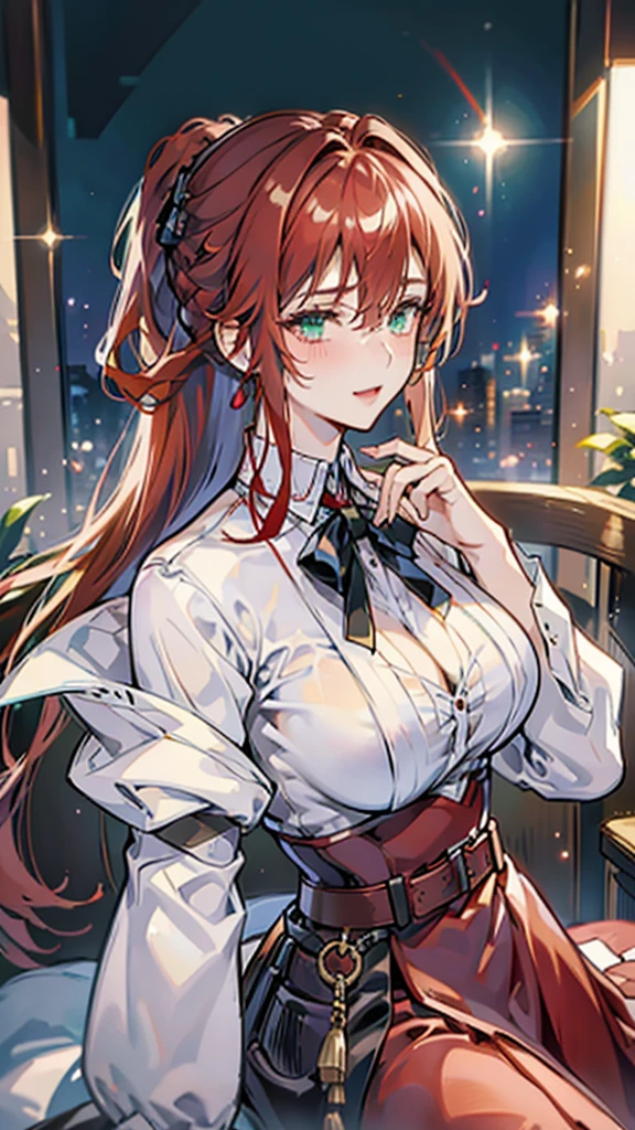 20-year-old girl，Crimson hair，side braid，Smile，Large Breasts，cleavage，Sheer red sleeveless top，Leave space in the middle to reveal cleavage，Soaked all over，Blushing，green eyes，Female spy，Red miniskirt，White gloves，White hand sleeves，White boots，Science fiction，Future，robot driver，There is a pistol on the back belt，No bangs，Wearing earrings only on one side，leather neck brace，There is a belt around the waist，Inside the robot cockpit