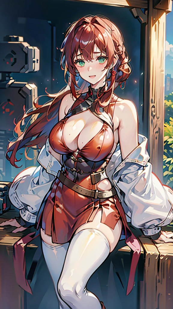 20-year-old girl,Crimson hair,side braid,Smile,Large Breasts,cleavage,Sheer red sleeveless top,Leave space in the middle to reveal cleavage,Soaked all over,Blushing,green eyes,Female spy,Red miniskirt,White gloves,White hand sleeves,White boots,Science fiction,Future,robot driver,There is a pistol on the back belt,No bangs,Wearing earrings only on one side,leather neck brace,There is a belt around the waist,Inside the robot cockpit