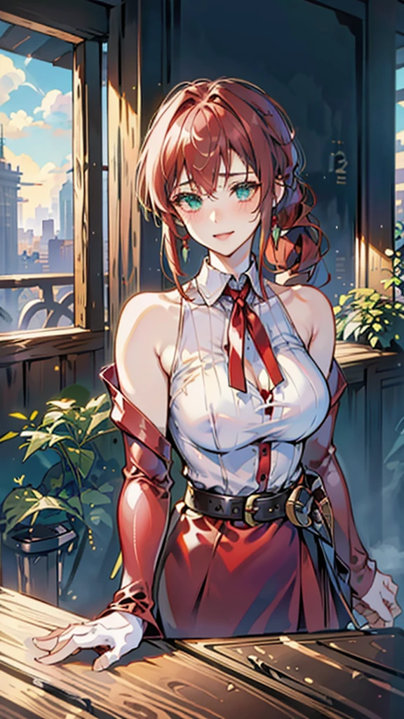 20-year-old girl,Crimson hair,side braid,Smile,Large Breasts,cleavage,Sheer red sleeveless top,Leave space in the middle to reveal cleavage,Soaked all over,Blushing,green eyes,Female spy,Red miniskirt,White gloves,White hand sleeves,White boots,Science fiction,Future,robot driver,There is a pistol on the back belt,No bangs,Wearing earrings only on one side,leather neck brace,There is a belt around the waist,Inside the robot cockpit