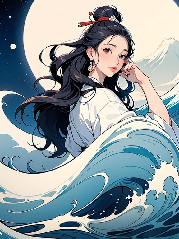 (Highest quality、masterpiece、High resolution、Official Art、8K)、Ukiyo-e、Katsushika Hokusai、White waves and Mt. Fuji、White waves, the moon and a woman、White waves, a boat and a woman、White waves and a woman、White waves and a womanとカモメ、