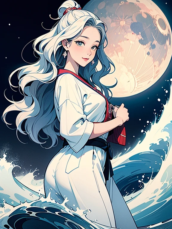 (Highest quality、masterpiece、High resolution、Official Art、8K)、Ukiyo-e、Katsushika Hokusai、White waves and Mt. Fuji、White waves, the moon and a woman、White waves, a boat and a woman、White waves and a woman、White waves and a womanとカモメ、