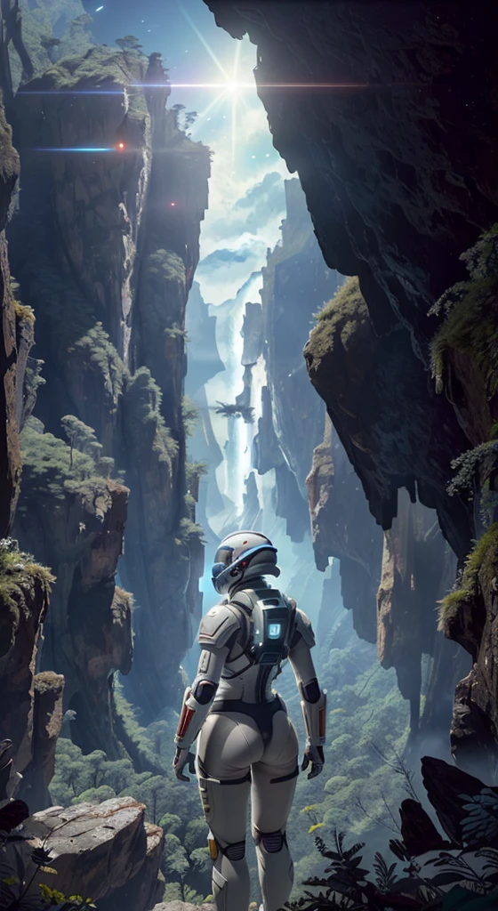 (35mmstyle:1.2), Highly detailed RAW color Photo, Rear Angle, Full Body, of (female space marine, wearing white and red space suit, futuristic helmet, tined face shield, rebreather, accentuated booty), outdoors, (standing on Precipice of tall rocky mountain, looking out at magical lush green rain forest on alien planet), vivid detail, (exotic alien planet), toned body, big butt, (sci-fi), (mountains:1.1), (lush green vegetation), (two moons in sky:0.8), (highly detailed, hyperdetailed, intricate), (lens flare:0.7), (bloom:0.7), particle effects, raytracing, cinematic lighting, shallow depth of field, photographed on a Sony a9 II, 35mm wide angle lens, sharp focus, cinematic film still from Gravity 2013, viewed from behind, dynamic angle