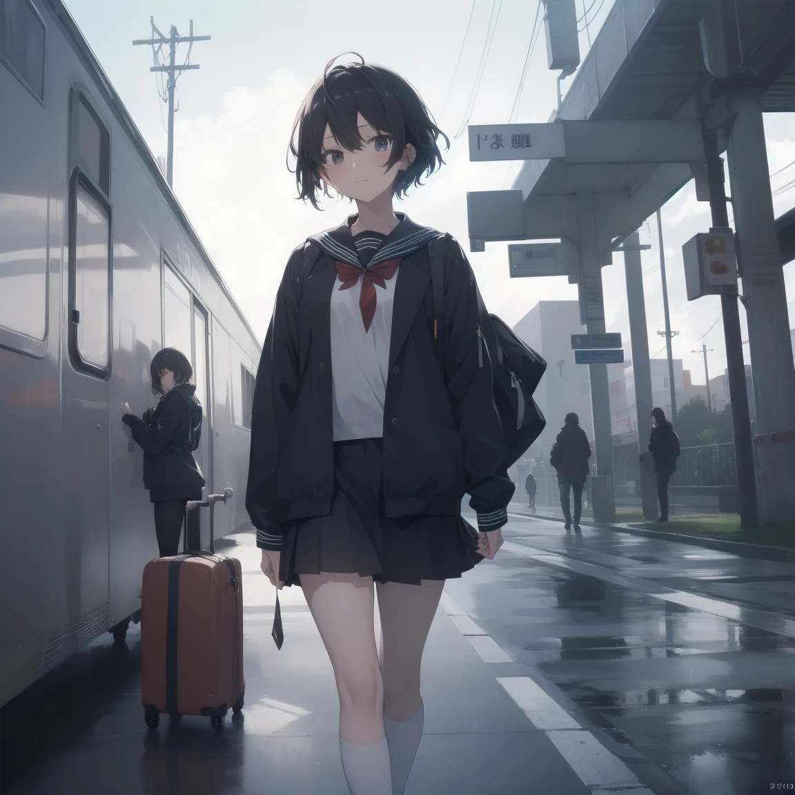 ultra-absurdres-Top quality by artist God, ultra-detailed, high resolution, anime moe artstyle, best anime 8k konachan wallpaper, pixiv contest winner, pool:2810, perfect anatomy,break, 1girl, (Please draw a girl walking sleepily to school alone. )break,(Solo,little female, 13-year-old:1.3),Full limbs, complete fingers,a junior high school student, (very short hair), short cut, flat chest, , small butt, small black eyes, beautiful detailed eyes, well-proportioned iris and pupils, expressive eyes, highres detailed hair, soft expression, salor school_uniform, sailor collar, serahuku, bow, pleated skirt,(Detailed Lighting), (Detailed background), in the School commute route. break,super detailed skin, Best cinematic lighting powered by famous artist, 8k,beauty illustration,photoshop_(medium),very aesthetic,break,((artist:yuuji_(and) )), artist:clamp ,artist:carnelian ,artist:kantoku ,