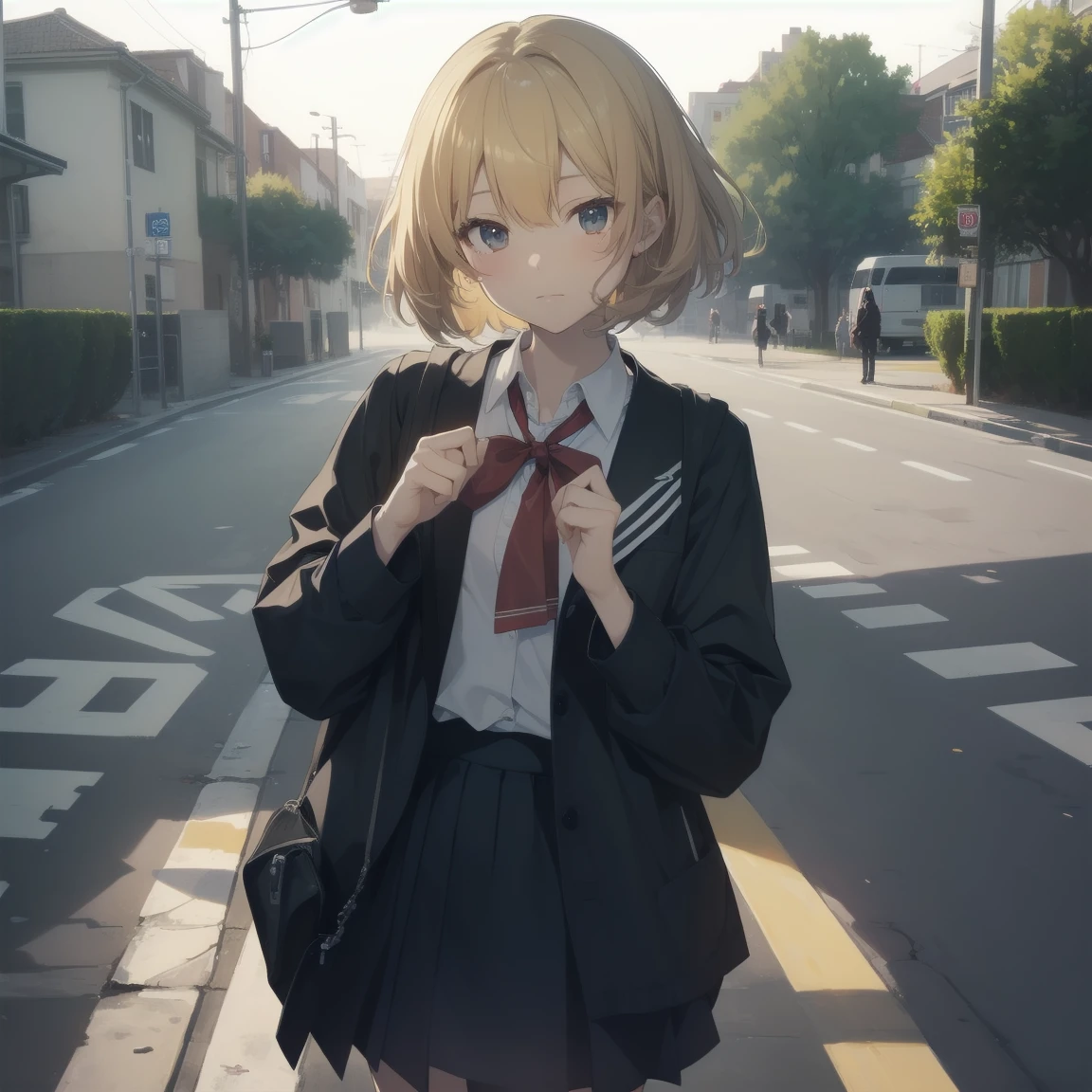 ultra-absurdres-Top quality by artist God, ultra-detailed, high resolution, anime moe artstyle, best anime 8k konachan wallpaper, pixiv contest winner, pool:2810, perfect anatomy,break, 1girl, (Please draw a girl walking sleepily to school alone. )break,(Solo,little female, 13-year-old:1.3),Full limbs, complete fingers,a junior high school student, (very short hair), short cut, flat chest, , small butt, small black eyes, beautiful detailed eyes, well-proportioned iris and pupils, expressive eyes, highres detailed hair, soft expression, salor school_uniform, sailor collar, serahuku, bow, pleated skirt,(Detailed Lighting), (Detailed background), in the School commute route. break,super detailed skin, Best cinematic lighting powered by famous artist, 8k,beauty illustration,photoshop_(medium),very aesthetic,break,((artist:yuuji_(and) )), artist:clamp ,artist:carnelian ,artist:kantoku ,