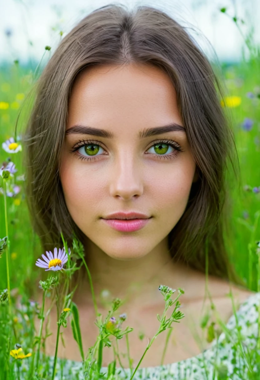 A close-up portrait of a beautiful girl in a meadow filled with wildflowers, looking into the camera. The vibrant colors of the flowers and the soft green background create a harmonious and peaceful scene. Detailed textures, vivid colors, serene atmosphere, hd quality