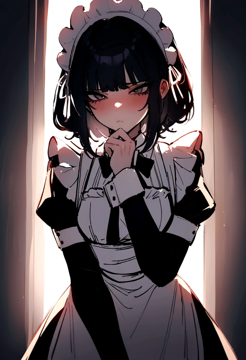 best quality, masterpiece, Franziskavkarma, alone, 1 girl,,ashamed, maid headdress, maid apron, maid, looking down at viewer, annoyed,
