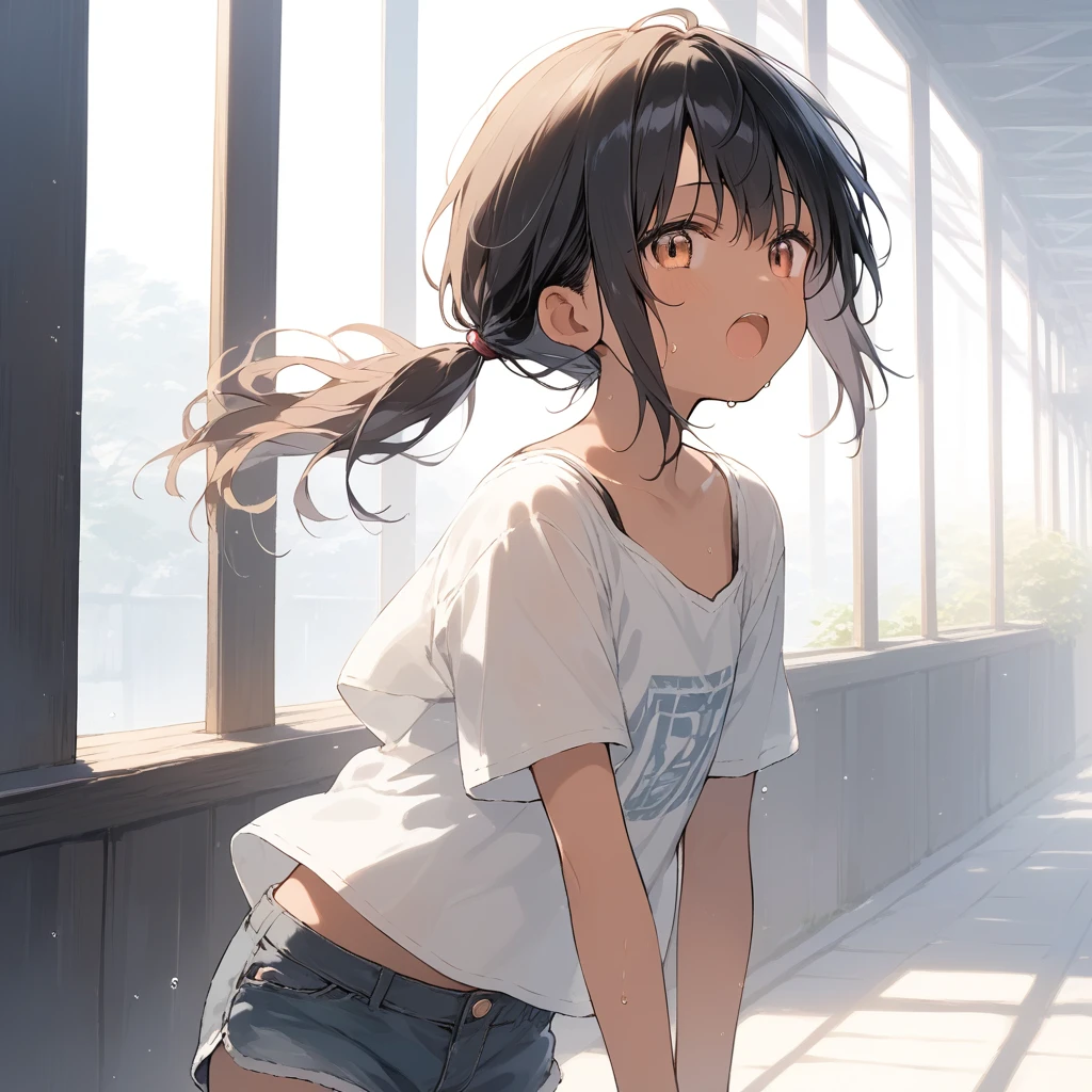 score_9, score_8_up, score_7_up, source_anime, best quality, masterpiece, official art, absurdres, highres, ultra-detailed,waifu2x,Collection: Slice of Life,break,1girl, tomboy, dark-skinned female, short hair, low ponytail, flat chest, beautiful detailed eyes, short shorts, sweat, open mouth, (yawn:0.3), sleepily, outdoors, wind,break,(clear line illustration:1.2), super detailed skin,very high resolution, very aesthetic, Best sexual lighting powered by famous artist, 8k,cute picture,beauty illustration,photoshop_(medium),,(Detailed Lighting),best anime 8k konachan wallpaper, pixiv contest winner,