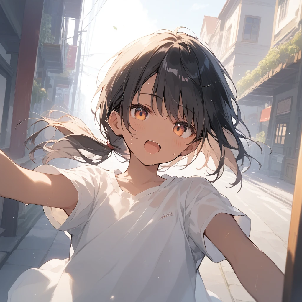 score_9, score_8_up, score_7_up, source_anime, best quality, masterpiece, official art, absurdres, highres, ultra-detailed,waifu2x,Collection: Slice of Life,break,1girl, tomboy, dark-skinned female, short hair, low ponytail, flat chest, beautiful detailed eyes, short shorts, sweat, open mouth, (yawn:0.3), sleepily, outdoors, wind,break,(clear line illustration:1.2), super detailed skin,very high resolution, very aesthetic, Best sexual lighting powered by famous artist, 8k,cute picture,beauty illustration,photoshop_(medium),,(Detailed Lighting),best anime 8k konachan wallpaper, pixiv contest winner,