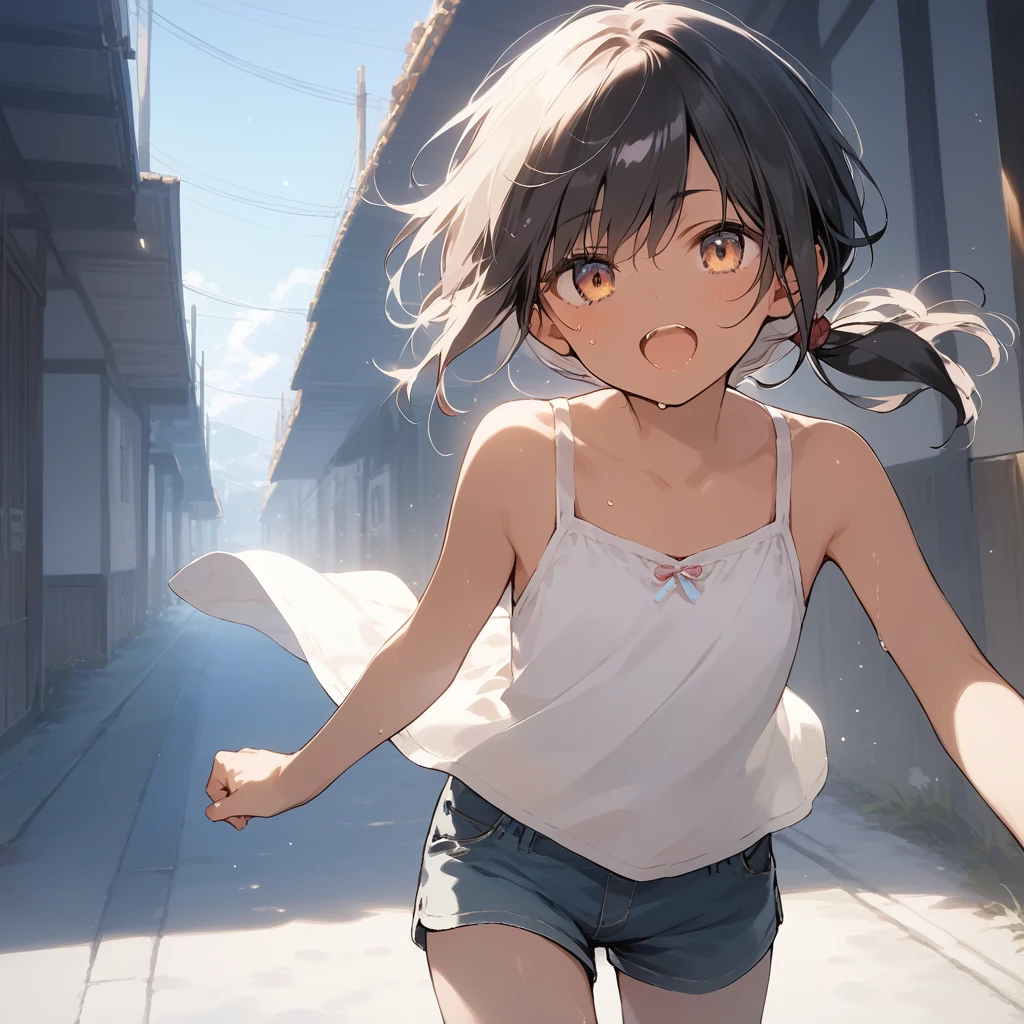 score_9, score_8_up, score_7_up, source_anime, best quality, masterpiece, official art, absurdres, highres, ultra-detailed,waifu2x,Collection: Slice of Life,break,1girl, tomboy, dark-skinned female, short hair, low ponytail, flat chest, beautiful detailed eyes, short shorts, sweat, open mouth, (yawn:0.3), sleepily, outdoors, wind,break,(clear line illustration:1.2), super detailed skin,very high resolution, very aesthetic, Best sexual lighting powered by famous artist, 8k,cute picture,beauty illustration,photoshop_(medium),,(Detailed Lighting),best anime 8k konachan wallpaper, pixiv contest winner,