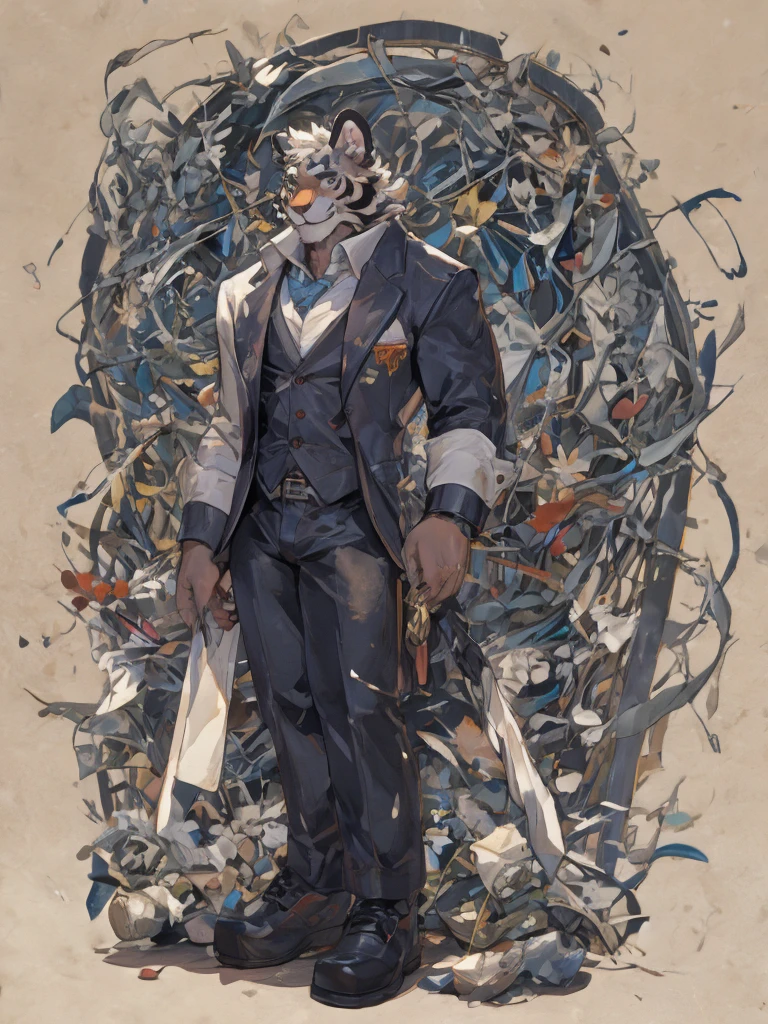 {{bara extremely handsome white tiger,}} {{white fur,}} white, wearing elegant ornate suit jacket, trousers, white dress shirt and necktie, white fluffy furry body and limbs, loafers, very tall, very broad shoulders, narrow waist, muscular arms, massive pecs, purple eyes, very long legs, massive bulge, sophisticated hot look, full body, 3/4 view, best quality, high quality, silver earring on left ear, sultry smirk, multiple views, character sheet