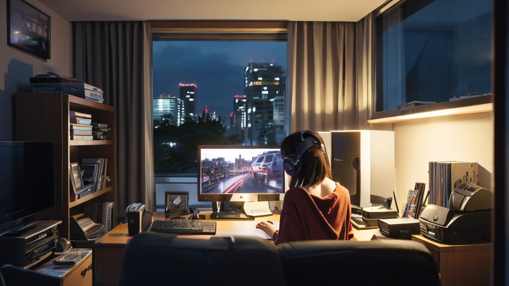 "Anime girl sitting in front of computer in cozy bedroom (seen from behind), girl listening to music with headphones in cozy room at night, girl enjoying beautiful Tokyo night view from window, Alfa Romeo toy on desk. Enjoying watching an Alfa Romeo 159 on a computer monitor, 2D animation style, 90s anime aesthetic, lo-fi, high detail, with hard drive, mix of animation style and Fujifilm, hyperrealistic, 8K, masterpiece."