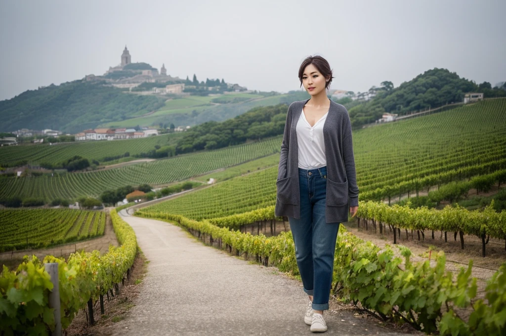 8k best picture quality, Beautiful 36-year-old Korean woman, short and nice weather. Chest size 34 inches, Dense fog at dawn in the Italian countryside, past the vineyard, The cathedral can be seen in the fog on a hill in the distance., The back background is realistic and vivid image quality, Short and medium hair blowing in the wind, Wear comfortable travel clothes, Casual pants and cardigan., a faint smile. the background is clear, Short and slim Korean woman, stand far away, Photo taken with a wide-angle lens, There is a thick fog in the early morning..