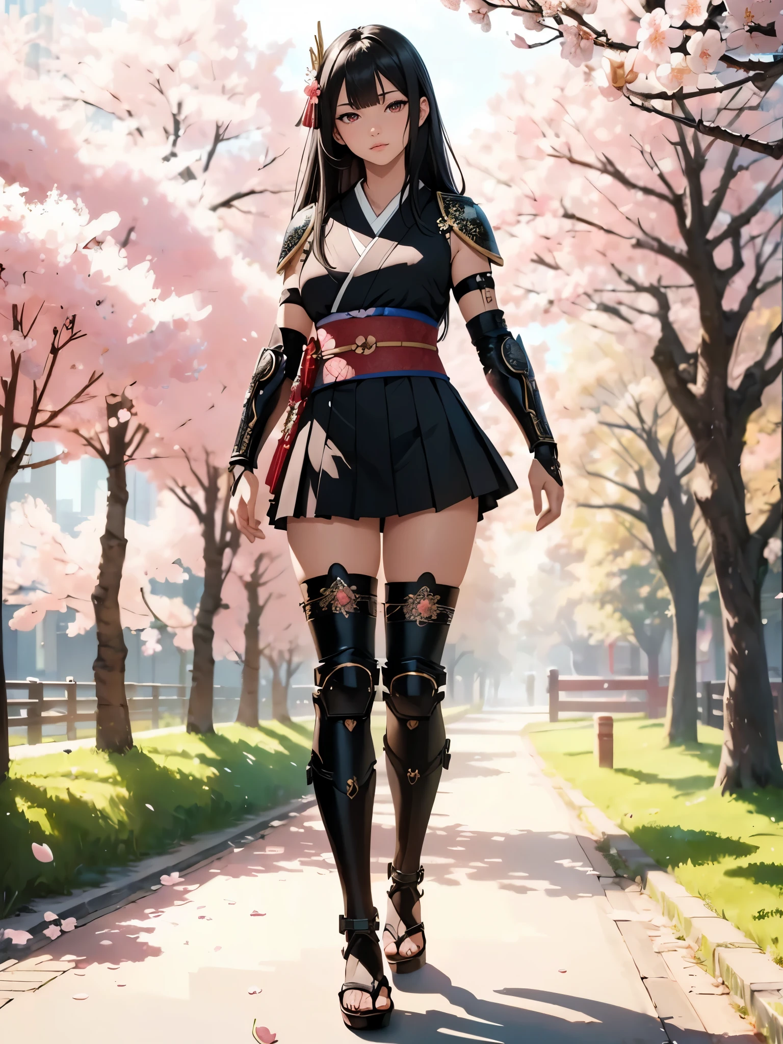((1girl, solo)), beautiful body, (perfect anatomy, perfect body, perfect hands, perfect legs), (five fingers:1.5), natural proportions, sexy body, large breasts, cowboy shot BREAK
((extremely detailed face)), (beautiful detailed eyes:1.6), (realistic pupils, realistic iris:1), expressive eyes, looking at viewer, (clear eyes:1.3), (hyperrealistic:1.2), (detailed skin texture:1.2), smooth skin, (black hair:1.5), (red eyes:1.3), long hair, (straight hair:1.5), ((blunt bangs)), (detailed lips:1.2), (attractive lips:1.1), (glossy lips:1.1), (parted lips), perfect face, perfect eyes BREAK
Samurai, japanese clothes, (short kimono:1.5), sleeveless, elbow gloves, (arm guard:1.5), ((micro mini skirt)), pleated skirt, black skirt, zettai ryouiki, thighs, black thighhighs, (greaves:1.3), skindentation, tassel, shimenawa BREAK
Outdoors, day, (spring:1.3), (((cherry blossoms))), nature, ((trees)), ancient japan, medieval fantasy BREAK
(masterpiece:1.5), anime-style, top quality, best quality, (beautiful and aesthetic:1.2), (ultra detail:1.5), Ultra-detailed depiction, Ultra-precise depiction, extremely detailed 8k illustration, high resolution, (highly detailed shading:1.2), (realistic lighting:1.4), perfect lighting, vibrant colors, dynamic tones, striking hues, 8k, absurd resolution, perfect shadows, hdr, UHD, ambient lighting, realistic, ultra-realistic, photo realistic, highly detailed, rich detail, luminous colors, fine texture, intricate design, professional illustration, (soft light:1.2), (illustration:0.7)