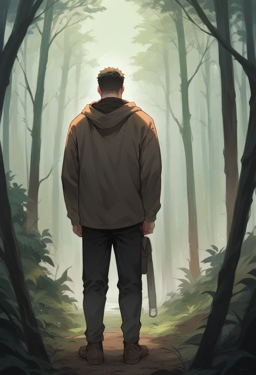 Image of man (from back)standing in forest in dark (blur).half of body of man in darkness